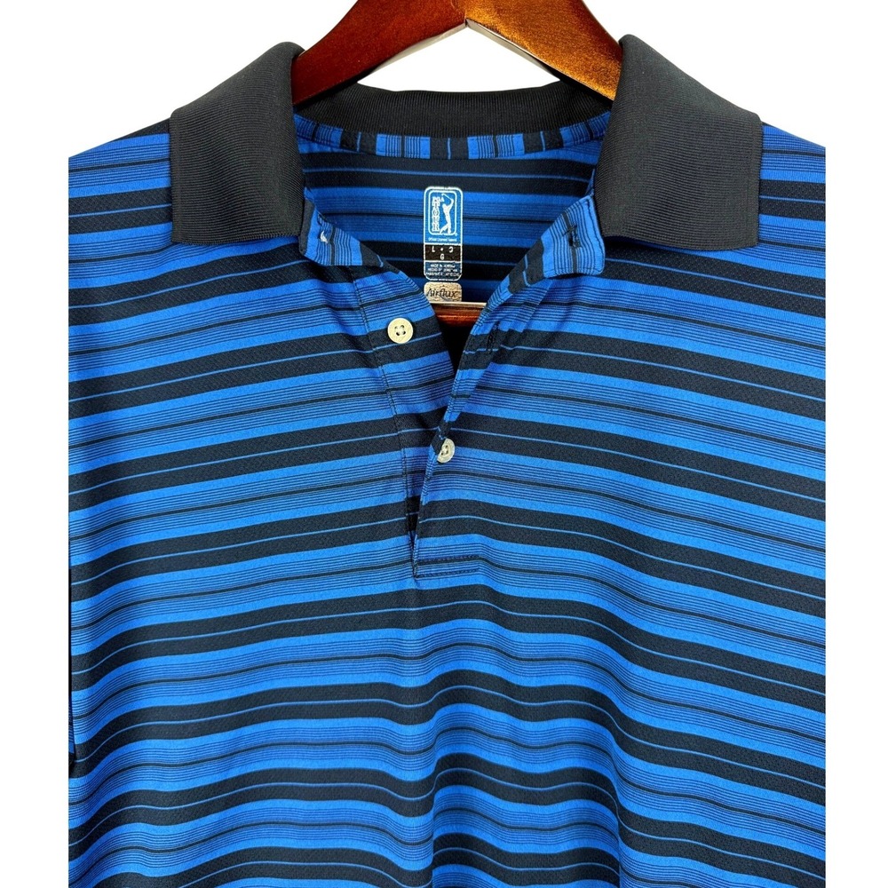 PGA Tour Airflux Golf Polo Shirt Men's Large Blue Black Striped Short Sleeve